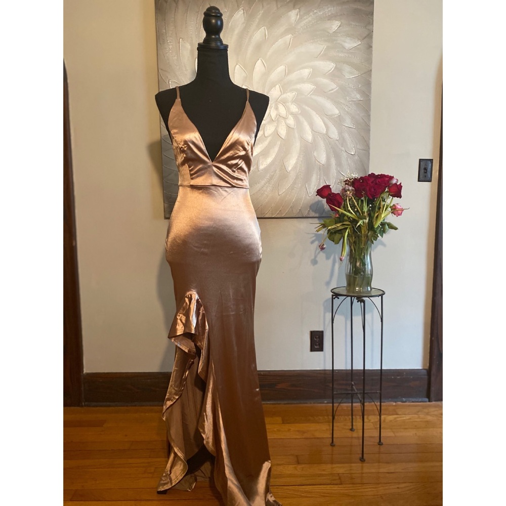 Satin V-Neck Ruffle Hem Evening Dress - Metallic Bronze